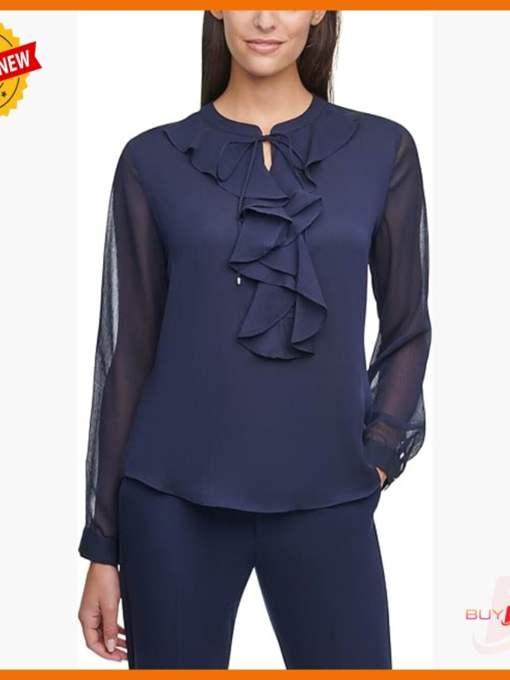 Long Sleeve Ruffle Front Blouse, Regular Fit, Cotton Blend, V-Neck
